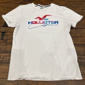 Hollister White T-Shirt with Red and Blue Logo